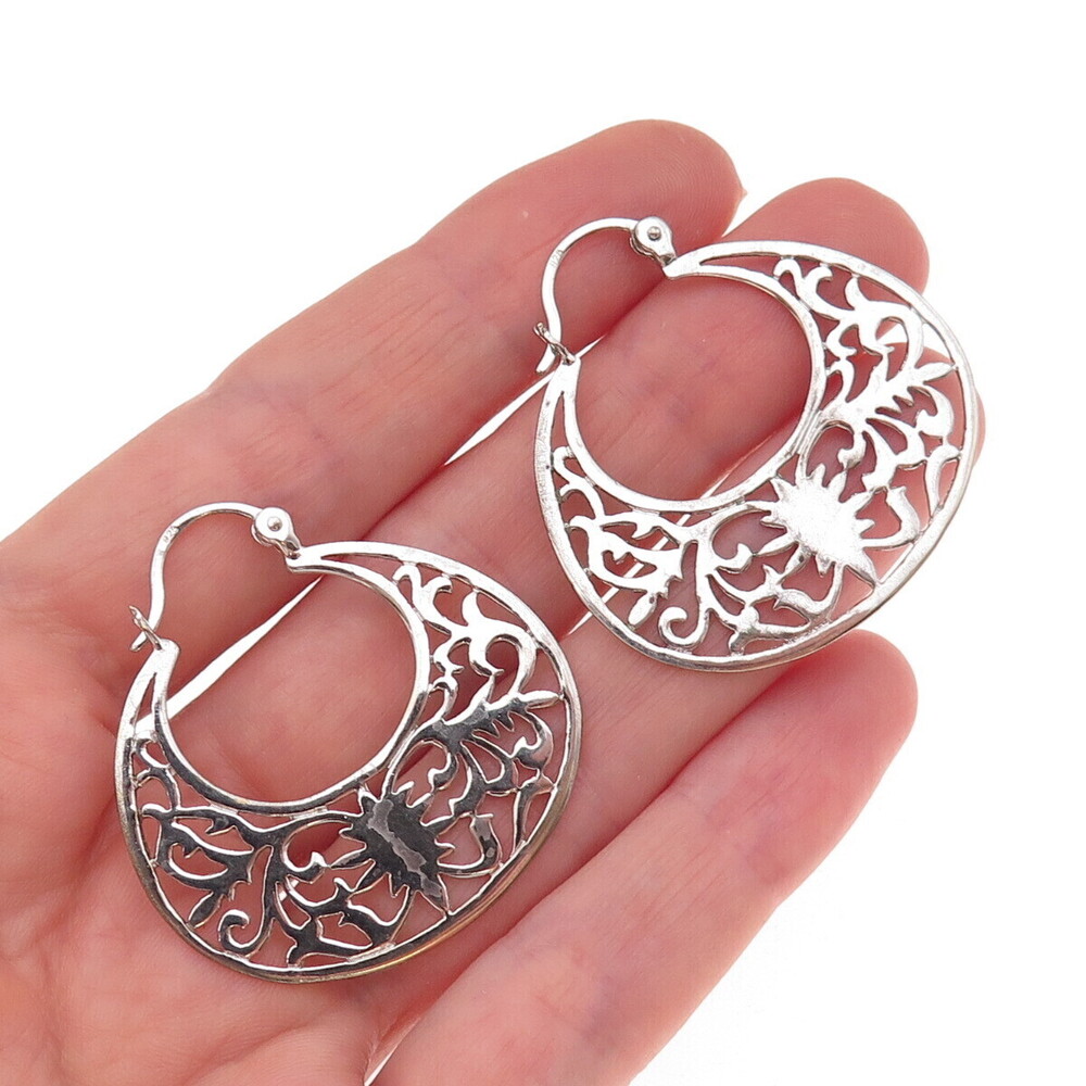 925 Sterling Silver Vintage Ornate Hoop Earrings